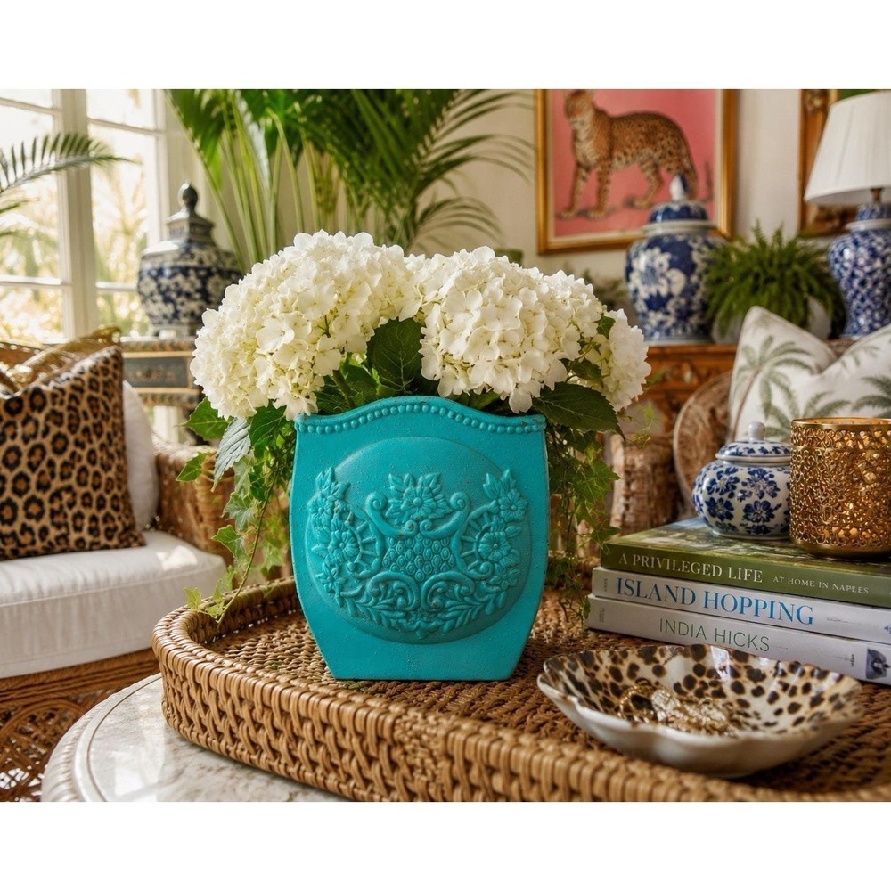Turquoise Floral Basket Planter Cachepot Vase Cottage Decor 8" Resin VTG Boho